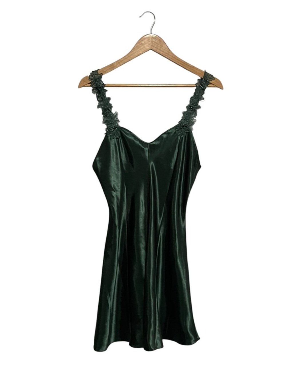 Angelique Dark Green Satin Slip Dress Chemise Romantic Medium Lace Ruffle Straps